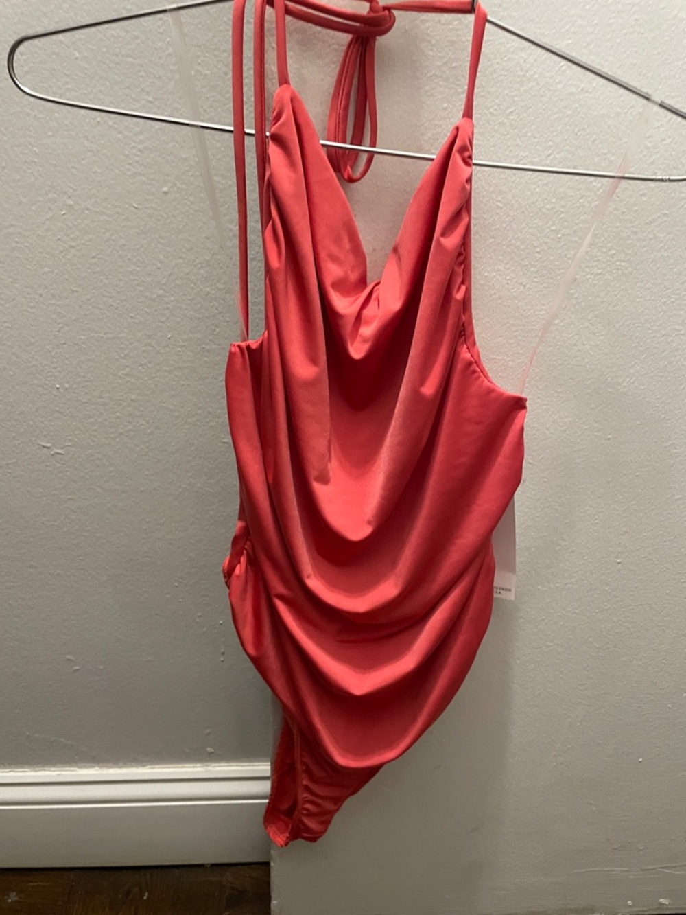 Satin Cowl Neck Strappy Bodysuit - Coral